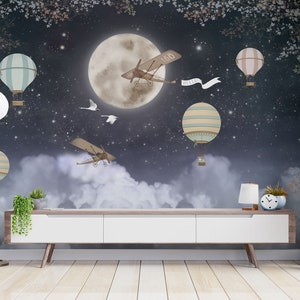 Flying Plane with Cute Cloudy Moon in the Dark Night Theme Designed Wallpaper Mural for Kids and Nursery room wallpaper mural Elegant Walls