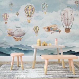 Blue Whimsical Hot Air Balloon and Airplane Kids Room Wallpaper-C327