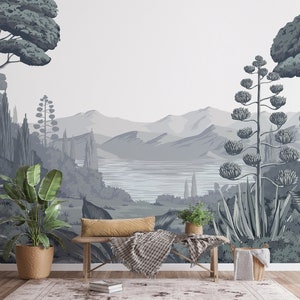 Gray Tones Northern Italy Landscape Wallpaper - Elegant Italian Scenery Wall Mural for Home and Office Decor - Removable Wallpaper B696