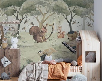 Green Forest Animals Wallpaper Mural for Kids Room-C313