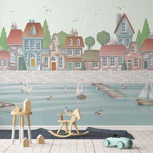 Pastell Stadtbild und Vögel Wallpaper für Kinderzimmer Dekor-C357