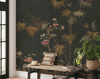 Vintage Oriental Floral Black Wallpaper Design-AW38