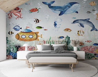 Underwater Watercolor Fish and Dolphin, Whale, Submarine Reef Wall design for Boys & Girls Room Wallpaper Mural | Elegant Walls