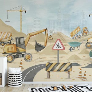 Carta da parati murale "Cantiere" con camion, gru, escavatore, betoniera e cartelli stradali per la cameretta dei bambini - C321