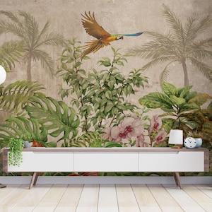 Tropische Blätter mit Vögeln und Blumen Tapete Wandbild für Badezimmer, Schlafzimmer, Cafe, Esszimmer, Flur, Wohnzimmer von eleganten Wänden