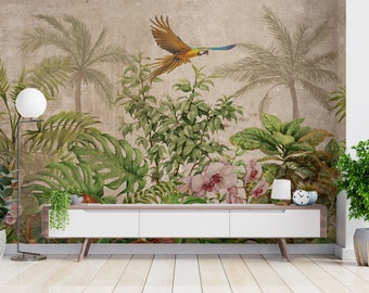 Tropical Leaves with Birds and Florals Wallpaper Mural for Bathroom, Bedroom, Cafe, Dining room, Hallway, Living Room by Elegant Walls