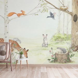 Peel and stick Playful Forest Wallpaper with Bear, Deer & Rabbit by Elegantwalls