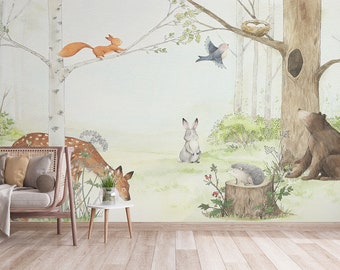 Peel and stick Playful Forest Wallpaper with Bear, Deer & Rabbit by Elegantwalls