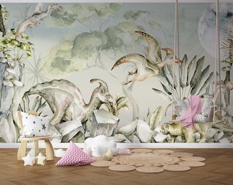 Watercolor Dinosaur Wallpaper - Dino Wall Mural Kids room Peel & Stick Self Adhesive Wallpaper Mural