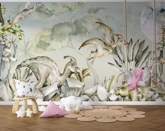 Watercolor Dinosaur Wallpaper - Dino Wall Mural Kids room Peel & Stick Self Adhesive Wallpaper Mural