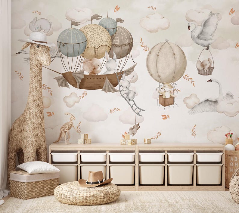 Buy White Clouds and Animals Balloon Wall Mural Peel and Stick