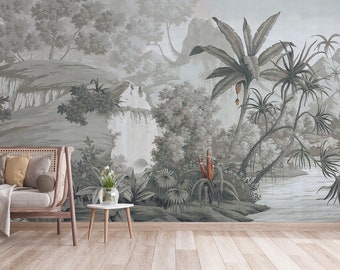 Tropical Mountain Wallpaper, Jungle Wall Mural Peel and Stick Living Room, Entryway by Elegant Walls