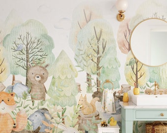 Aquarell Tiny Cute Animal Playing in the Forest Wallpaper Design für Kinderzimmer Wand dekor | Weiches und schlichtes Farbwanddesign von Elegantwall