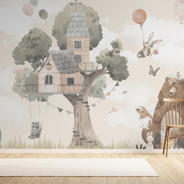 Watercolor Tree house & Cute Animals Wallpaper - Fine Muffled Colors - Ideal for Nursery or Kids' Room Decor peel and stick wallpaper