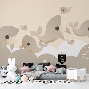 Beige Whale Underwater Ocean Wallpaper Mural-C338