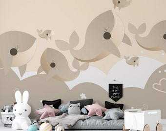 Beige Whale Underwater Ocean Wallpaper Mural-C338