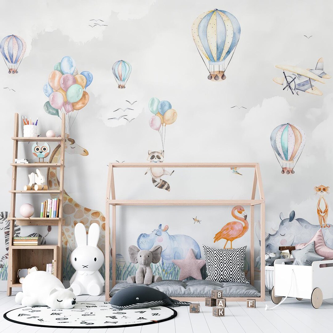 Hot Air Balloon and Animal Wallpaper for Nursery | Peel and Stick Wall ...
