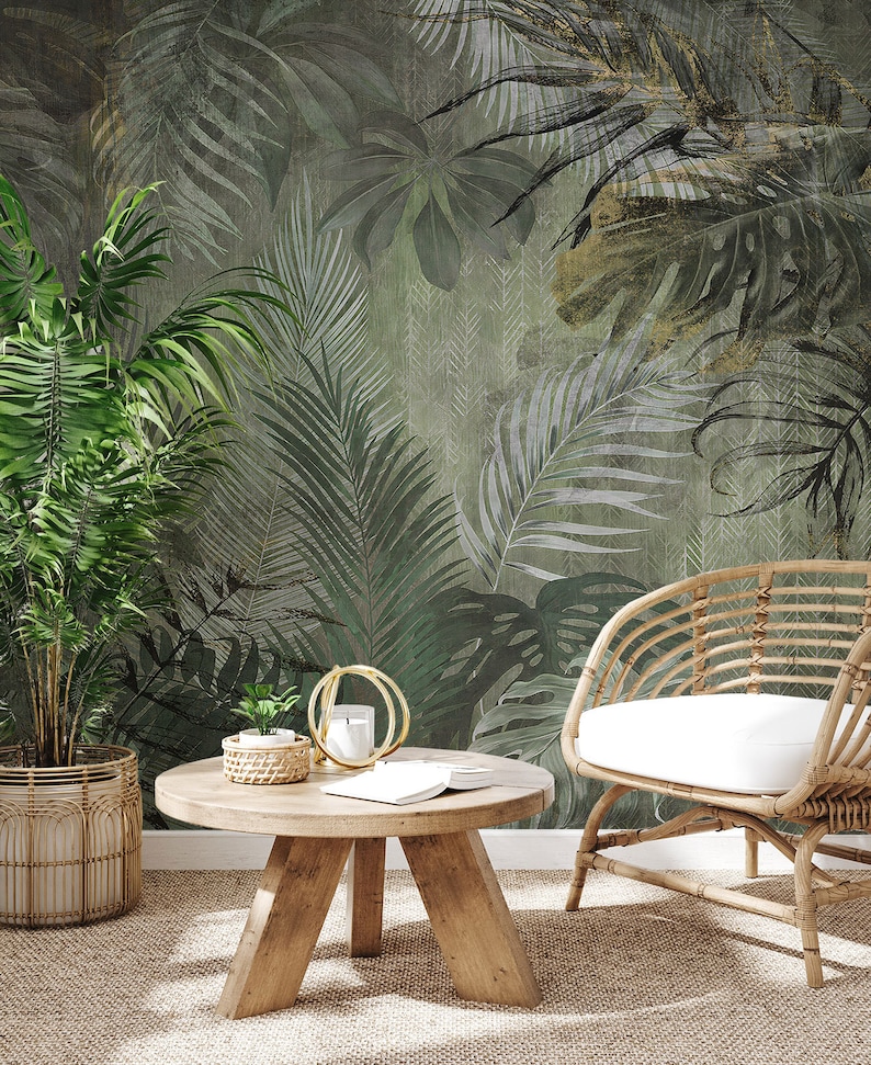 Tropical Jungle Plants Wall Decoration Tropical Wallpaper Etsy