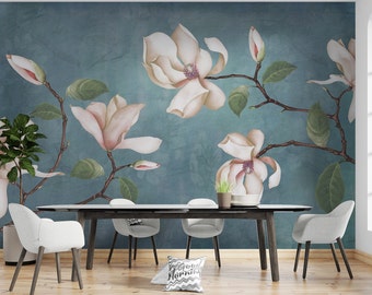 White Magnolia Flower Wallpaper Mural: Elegant Living, Peel and Stick
