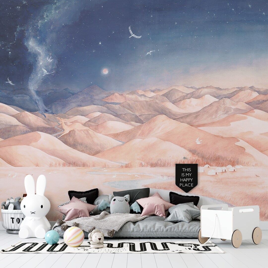 Blue Pink Mountain Wallpaper Mural for Walls Kids Room Mountain