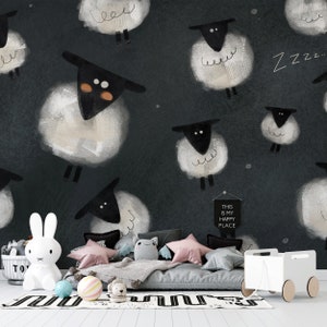Dark Sheep Children&#39;s Room Wallpaper Mural - Whimsical Nighttime Theme for Nursery and Playroom - Unique Kids Wall Decor B684