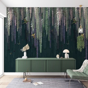 Vintage Tropical Wallpaper - Hanging Palm & Bird - Tiffany Background - Ideal for Living Room, Dining Room or Bedroom Removable Wallpaper