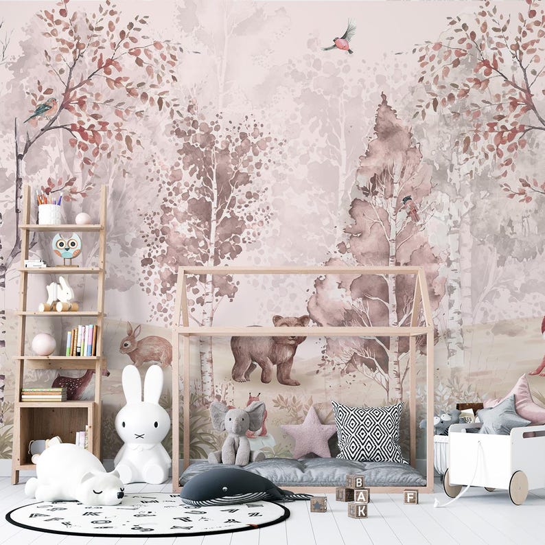 Peel and stick forest wallpaper mural with charming animals like a fox, squirrel, and birds set among soft brown and pink trees.