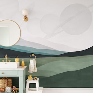 Green Watercolor Abstract Mountain Wallpaper Mural-C353