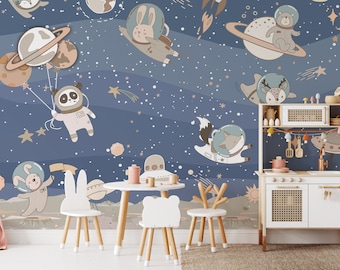 Kids Space Adventure Wallpaper - Cute Animal Astronauts Exploring the Galaxy - Perfect for Children's Room, Nursery, or Playroom Decor