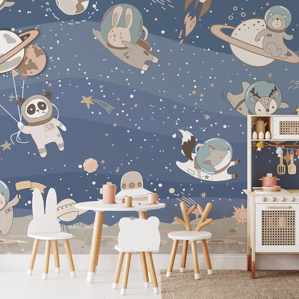 Kids Space Adventure Wallpaper - Cute Animal Astronauts Exploring the Galaxy - Perfect for Children's Room, Nursery, or Playroom Decor