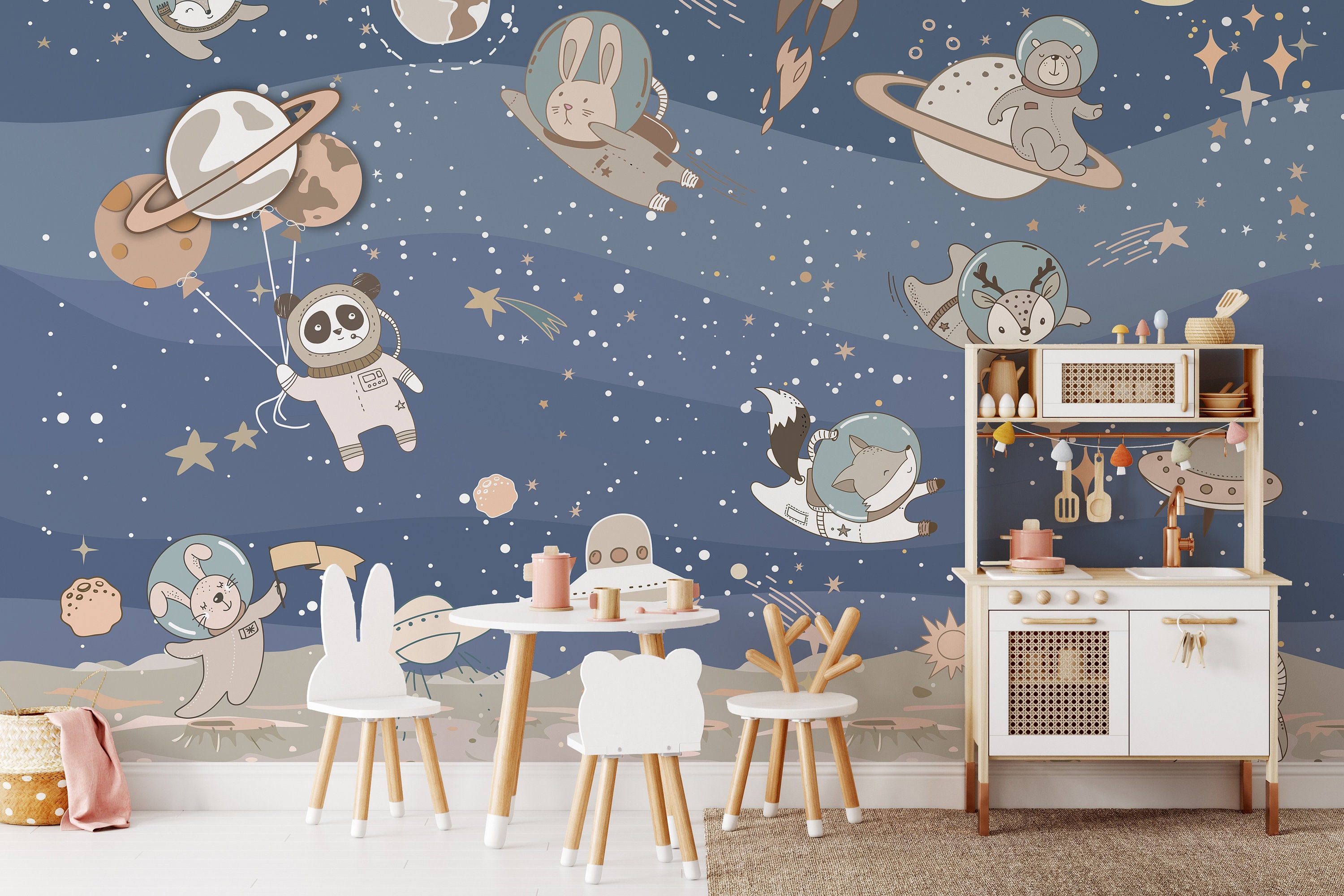 Animal Astronauts Wallpaper: Kids Space Adventure, Nursery Decor - Etsy, image size:3000x2001