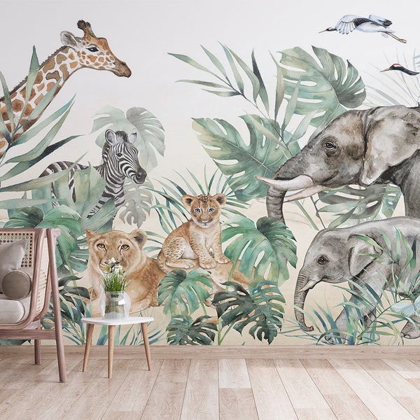 Kids Room Watercolor Forest Safari Wallpaper | Jungle Animal for Nursery and Children Wall Space Décor | Peel and Stick | Texture finish