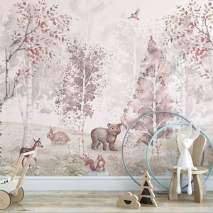 Soft pastel forest animal wallpaper with deer, fox, and birds among birch trees in a kids' room peel and stick mural.
