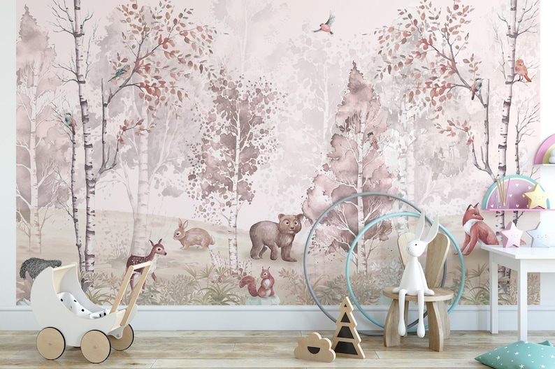 Soft pastel forest animal wallpaper with deer, fox, and birds among birch trees in a kids' room peel and stick mural.
