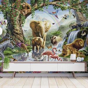 Wald Königreich Wallpaper | Tiere wie Elefant, Nashorn, schwarze Katze, Zebra, Giraffe, Gorilla Peel and Stick Wallpaper Wandbild von Elegant Walls