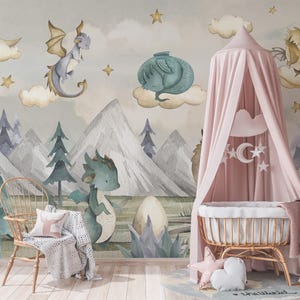 Baby Dragon Wallpaper Mural: Whimsical Forest Nursery Decor - Etsy