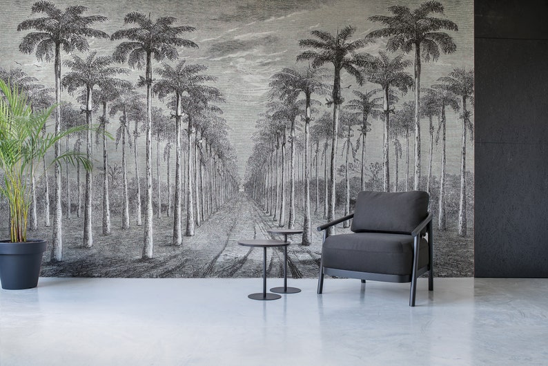 Tropical Forest Black and White Palm Leaves Wallpaper - Etsy