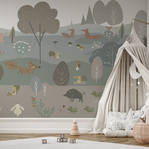 Carta da parati con animali della foresta in stile scandinavo, perfetta per la cameretta dei bambini e la stanza dei giochi, decorazione da parete di ispirazione nordica