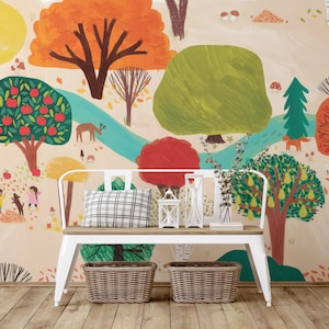 Whimsical Forest Seasons Wallpaper Mural - Children’s Storybook Style Wall Art - Forest Wallpaper - Colorful Wallpaper