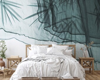 Floating Textile on Bamboo Wall Mural: Removable Green Wallpaper with Transparent Elegance - Self Adhesive B783