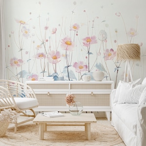 Watercolor Floral Peel and Stick Wallpaper | Elegant Blossom Wall Décor | Soft Pastel Flowers Design B575