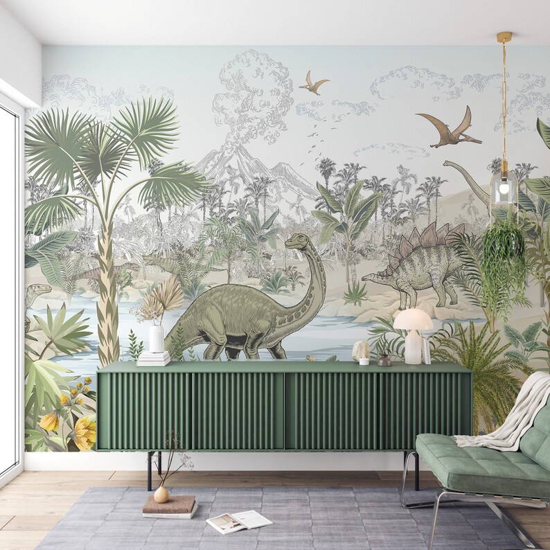 May include: A green and brown dinosaur wallpaper mural with a green and brown dinosaur in the foreground. The wallpaper features a jungle scene with palm trees, ferns, and a volcano in the background.