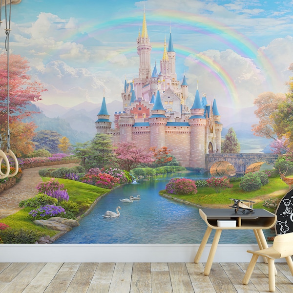 Roze prinsessenkasteelbehang: Peel-and-Stick meisjeskamerdecoratie