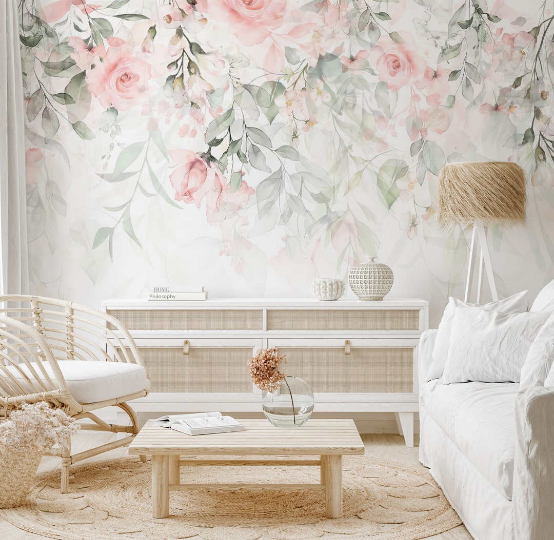 Watercolor Floral Wallpaper: Soft Pink Roses & Eucalyptus Mural - Etsy