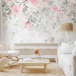 Elegant Watercolor Floral Wallpaper | Soft Pink Roses & Eucalyptus Mural | Romantic Bedroom Wall Decor | Tranquil Flower Art Design