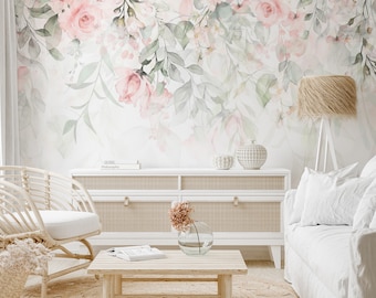 Elegant Watercolor Floral Wallpaper | Soft Pink Roses & Eucalyptus Mural | Romantic Bedroom Wall Decor | Tranquil Flower Art Design
