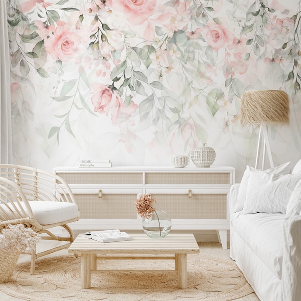 Elegant Watercolor Floral Wallpaper | Soft Pink Roses & Eucalyptus Mural | Romantic Bedroom Wall Decor | Tranquil Flower Art Design