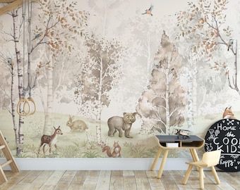 Enchanted Forest Friends Removable Wallpaper—Whimsical Woodland Animals Mural—Nursery and Playroom Wallpaper