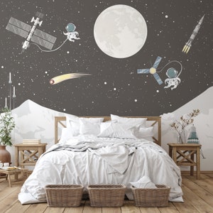 Carta da parati per esplorazione dello spazio - Astronauti - Satelliti - Rover lunare sulla superficie lunare per la camera dei bambini - Carta da parati rimovibile