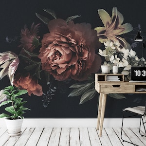 Dark Red Rose Flower Wallpaper Murals, Floral Peel and Stick Removable Wallpaper for walls, Bedroom Wallpaper